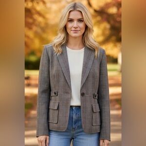 Apostrophe Brown Fitted Stretch Glen Plaid Jacket Blazer Lined Women Sz 12